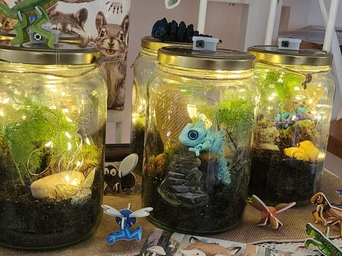 Rezensent zeigt eine Nahaufnahme von vier leuchtenden Flaschengärten, dekoriert mit Moos und kleinen Tierfiguren.