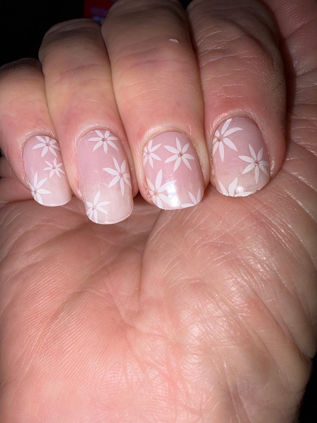 Customer photo review of Pretty Pink Daisies DIY Semicured Gel Nail Sticker Kit