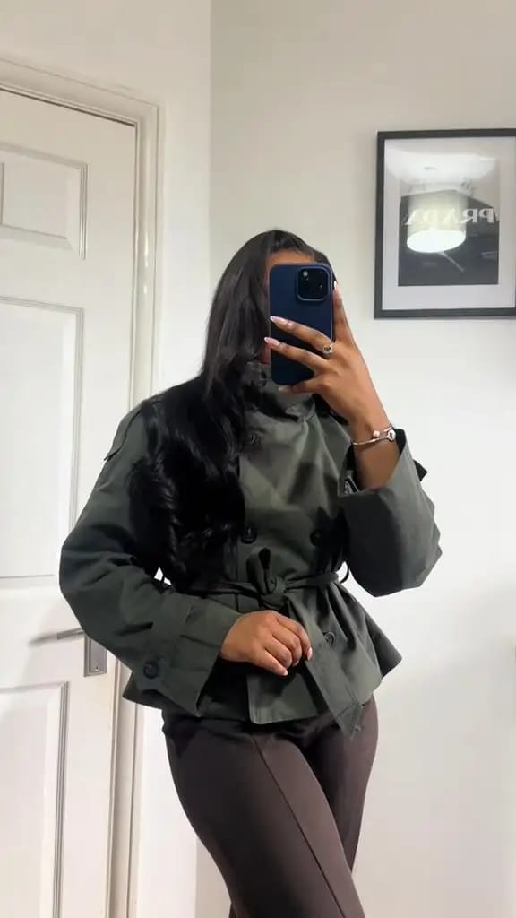 Customer photo review of Mara Stand Collar Crop Trenchcoat