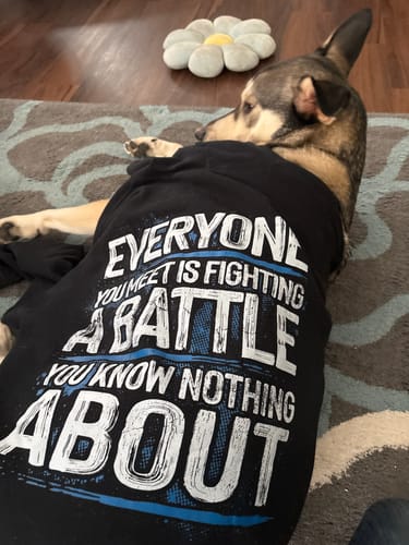 Customer's dog wearing a black shirt that reads, "Everyone you meet is fighting a battle you know nothing about."