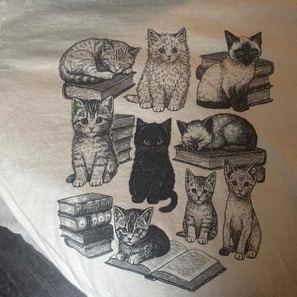 Customer photo review of Cats and Books Shirt | Comfort Colors Bookish T-Shirt for Cat Lovers