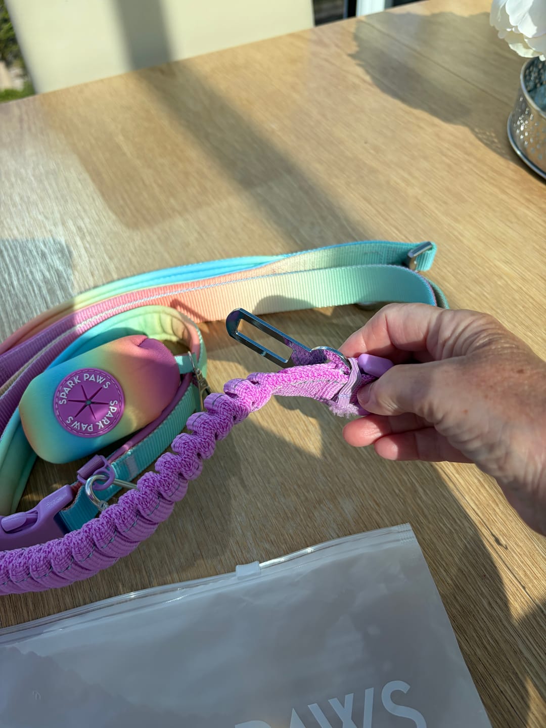 Customer photo review of Multipurpose Seatbelt Handsfree Leash & Poop Bag Holder Set - Pastel Icing