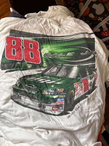 Customer's white Nascar t-shirt featuring a large graphic of Dale Jr.'s green number 88 race car.