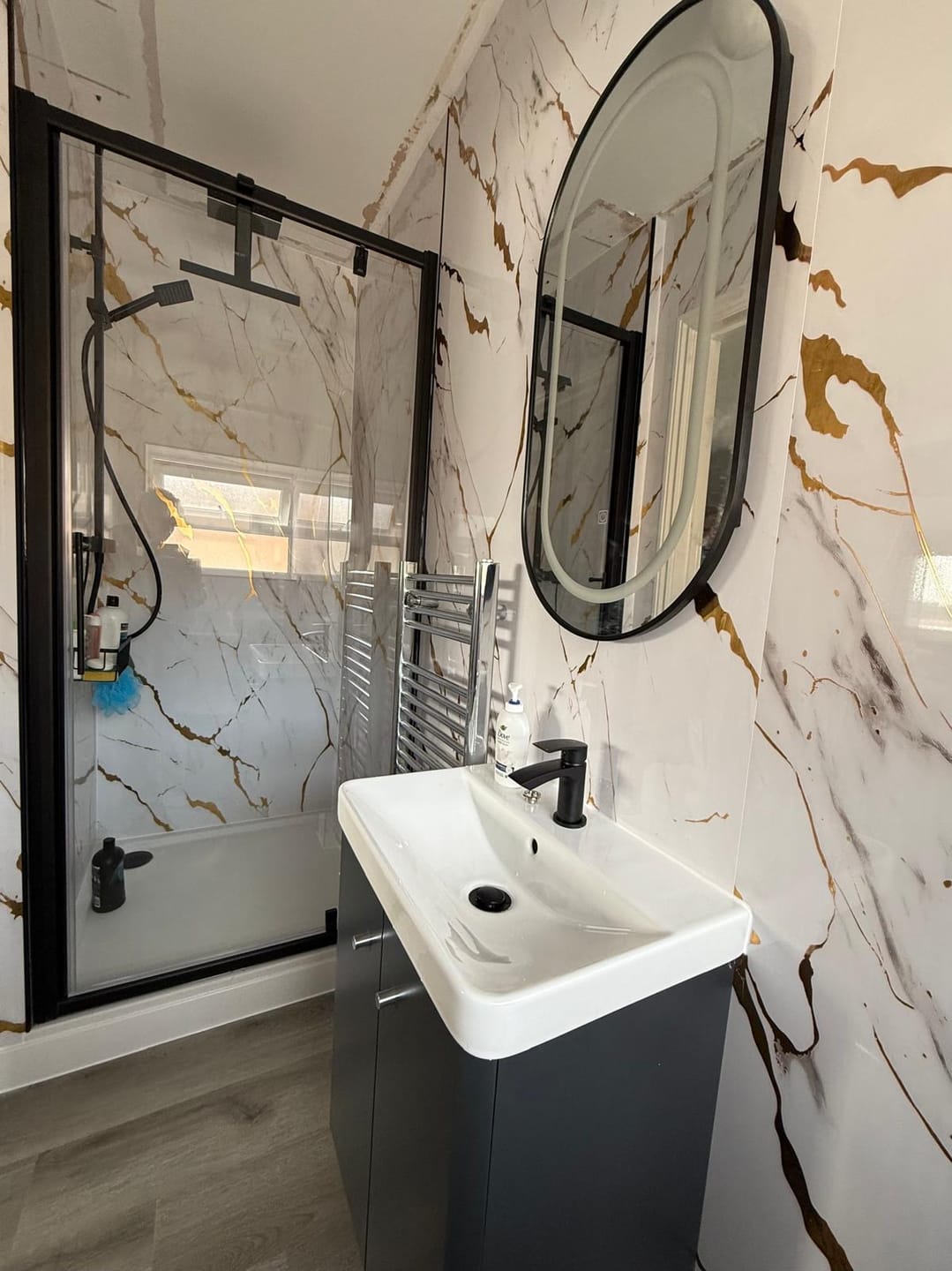 Customer photo review of Premium White Gold Marble Gloss Shower Wall Panel – 1M x 2.4M