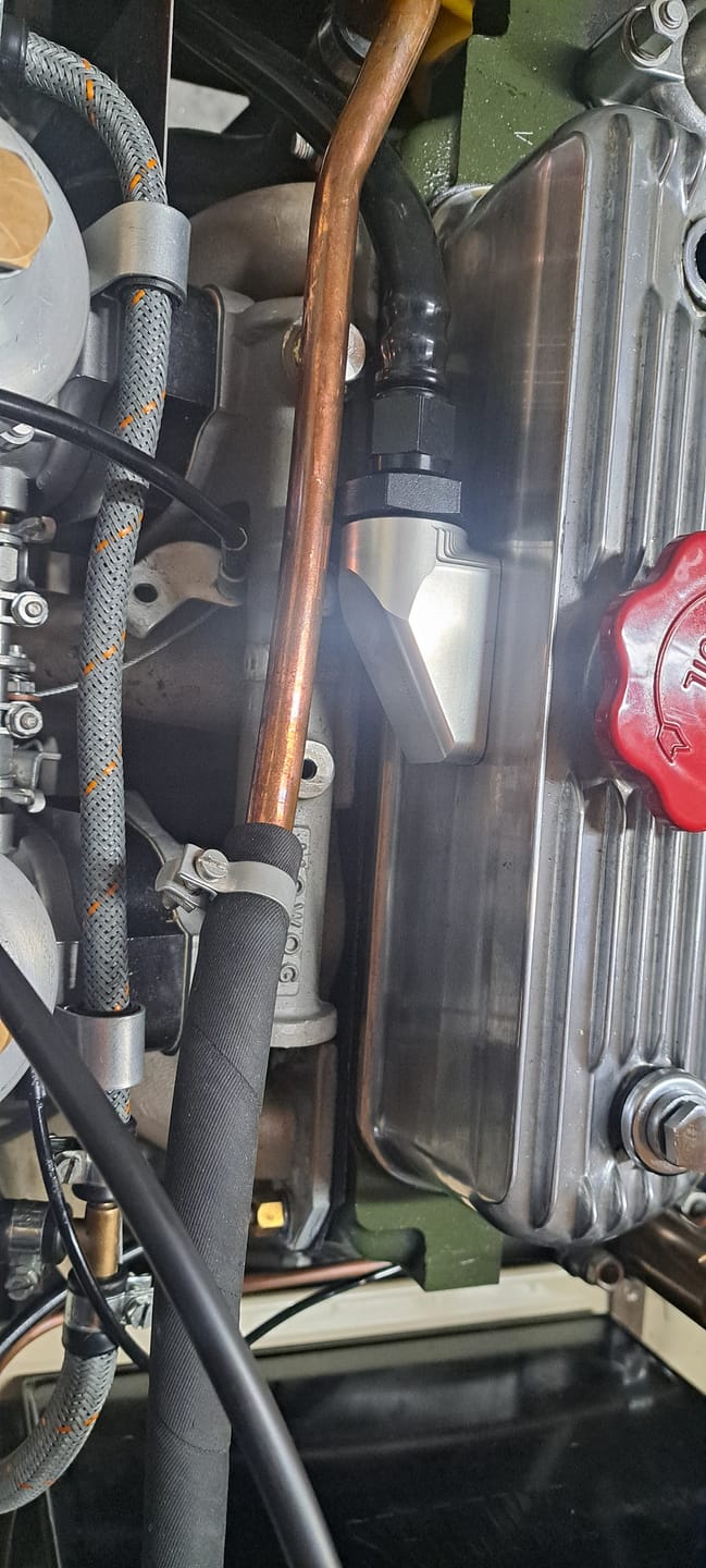 Customer photo review of Motion Raceworks Billet Valve Cover Breather / Oil Drain Billet (Single)