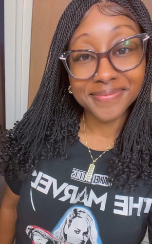 Customer photo review of Tina - Senegalese Mini Twist Braided Wig 14" Full Hand-tied Swiss HD Lace With Curly Ends - Human Baby Hair