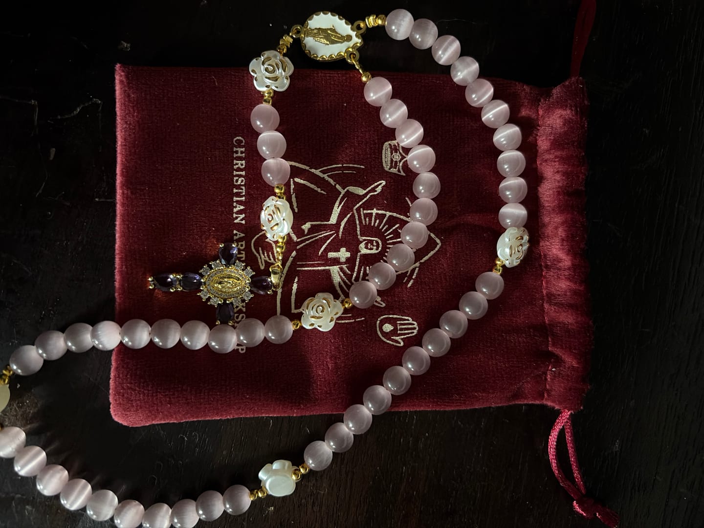 Customer photo review of FREE Today: Cat's Eye & Rose Devotion Rosary in Lavender & Pink: Holy Mother Centerpiece for Gentle Prayer