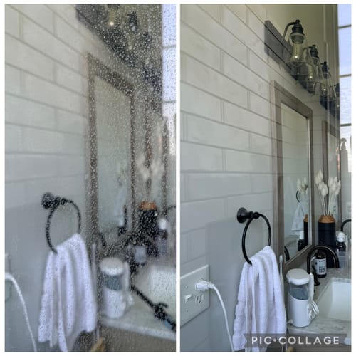 Customer's before-and-after photo of a shower door, showing hard water spots removed with Glass & Window Concentrate.