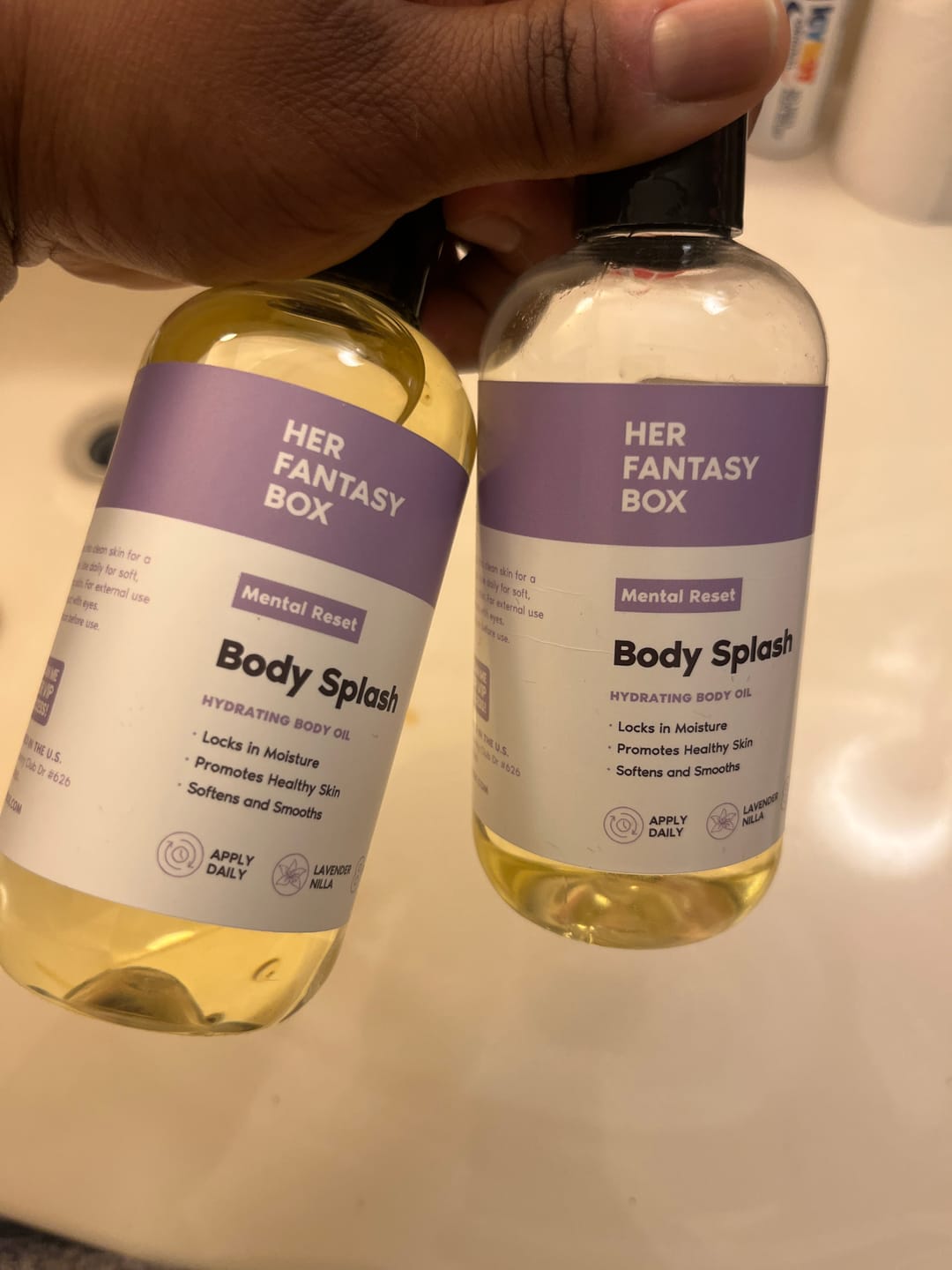 Customer photo review of Body Splash - Skin Smoothing Body Oil (Mental Reset – Lavender & Vanilla CALMING SPA SCENT)