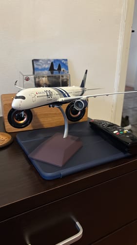 Reviewer's Delta A350-900 model with '100 Years' livery displayed on its stand on a dresser.