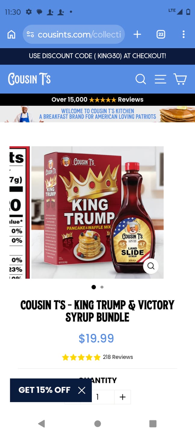 Customer photo review of Cousin T's Gourmet King Trump Pancake & Waffle Mix