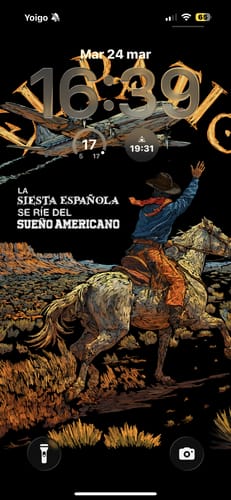 Customer's phone lock screen with the COWBOY WALLPAPER, showing a graphic illustration of a cowboy on a horse.