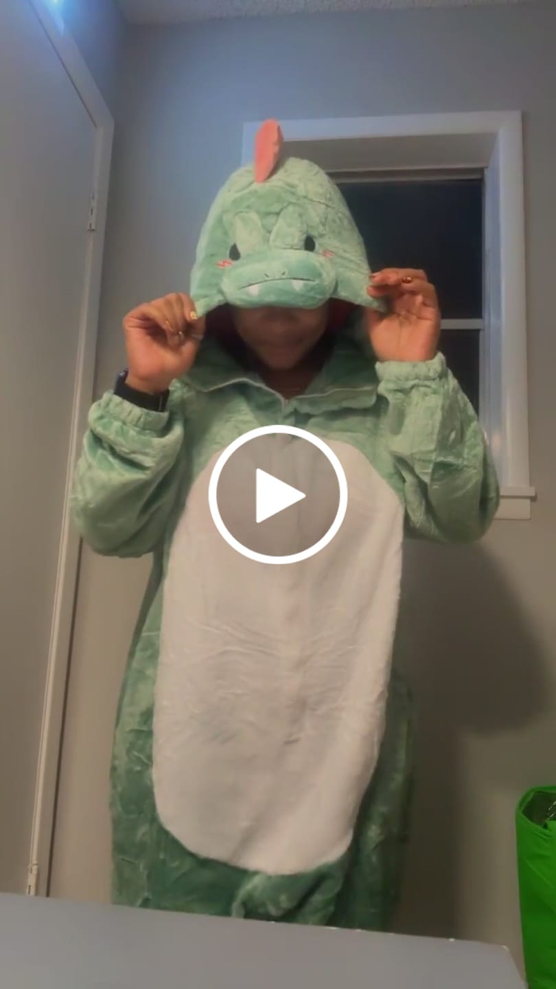 Customer video review of OLAOLA Unisex Adult Plush Green Dinosaur Animals Onesie Pajamas Warm Home One-Piece Sleepwear