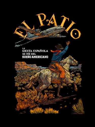 Customer's COWBOY WALLPAPER design with a graphic cowboy on horseback waving at a plane under the words "EL PATIO".