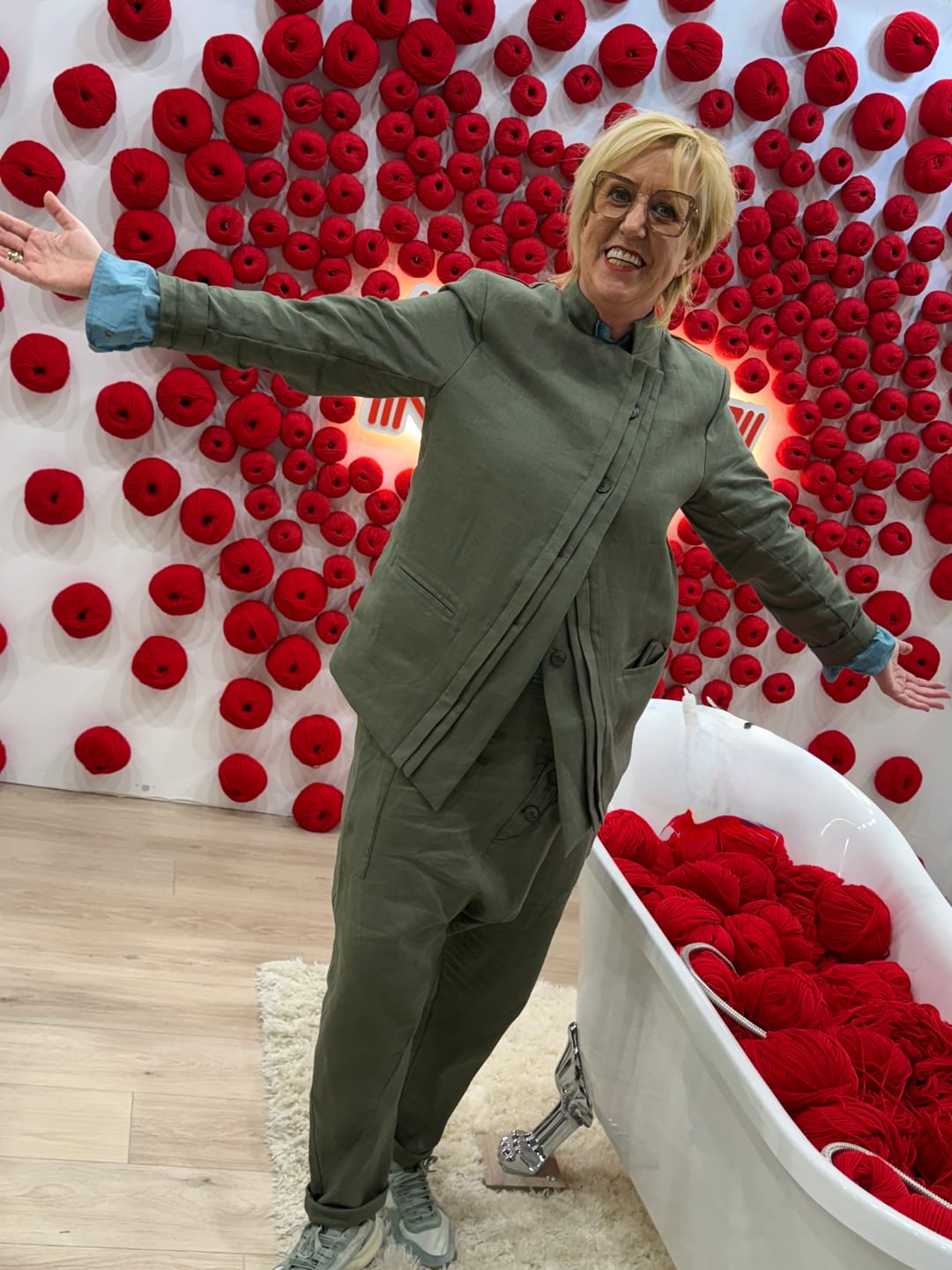 Customer photo review of Avant garde linen blazer featuring asymmetrical button closure