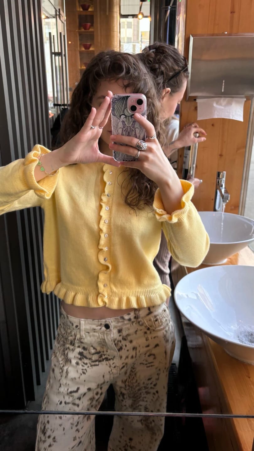 Customer photo review of Gina Ruffled Trim Button Cardigan