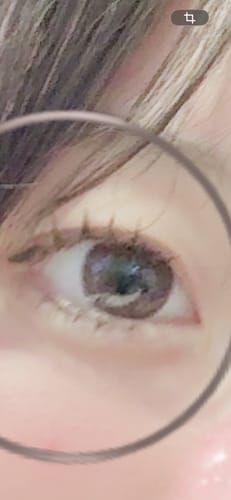 レビュアーがTweed Kristin 1Dayモーブグレーを装着した目元のクローズアップ写真。