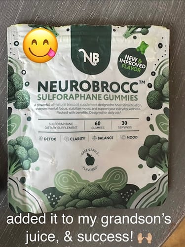 Customer's photo of the NeuroBrocc Gummies bag, showing the new and improved green apple flavor.