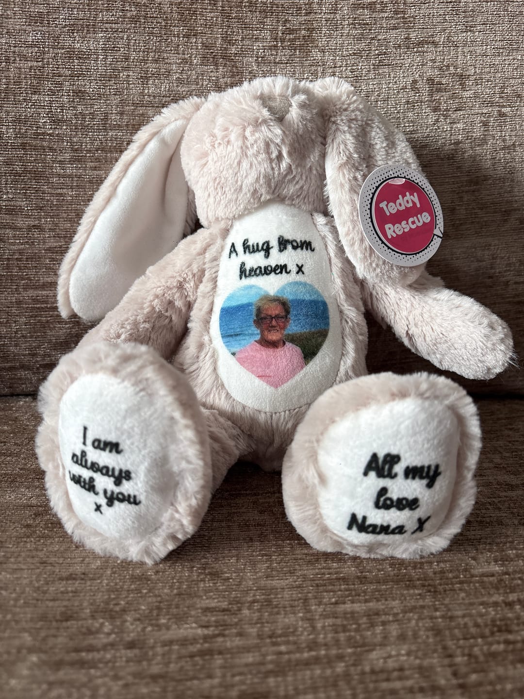 Customer photo review of A Cuddle from Heaven Personalised Photo Teddy Bear