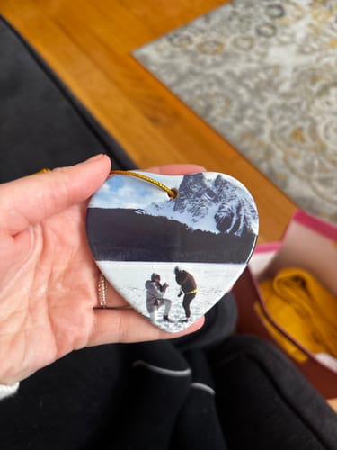 Customer photo review of Engagement Ornament - Custom Map & Photo Gift Heart-shaped Ceramic Ornament