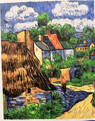 Reviewer's completed Houses in Auvers paint-by-numbers, showing a colorful village scene with houses, trees, and a cloudy sky.