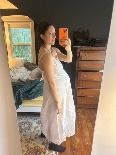 Customer photo review of The "Sylvie" Iconic White Cotton Yarndye Chambray Ballet Nightgown