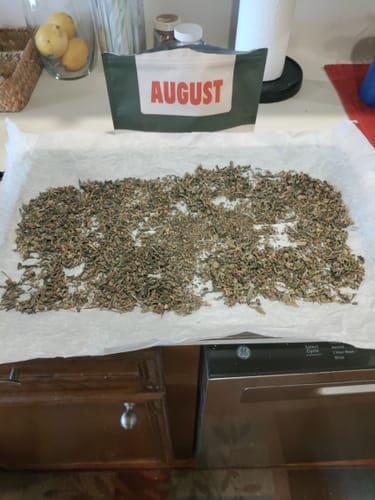 Customer's Exotic Shake spread out on white paper on a kitchen counter, with its green packaging in the background.