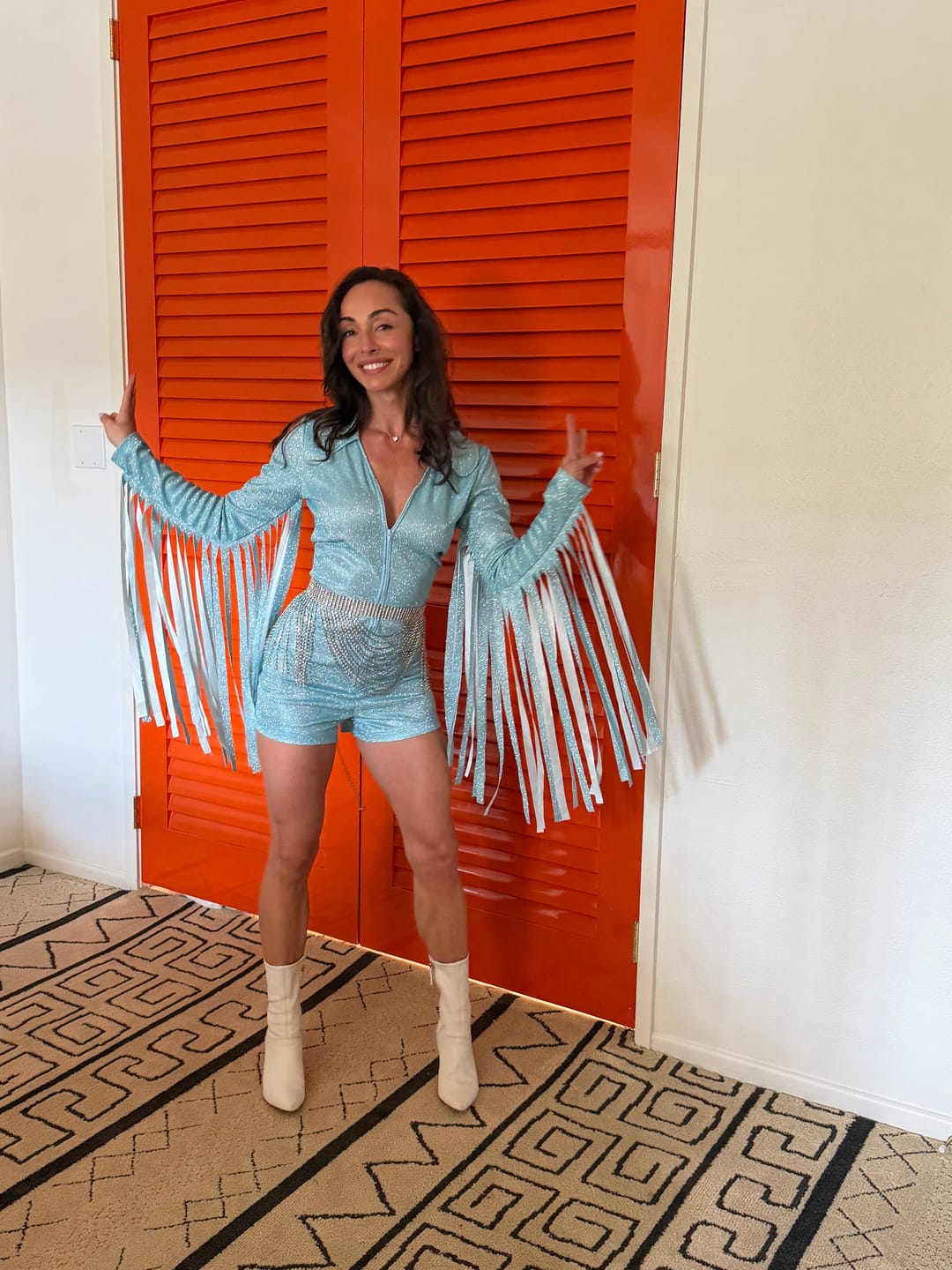 Customer photo review of Glitter Fringe Romper in Sky Blue