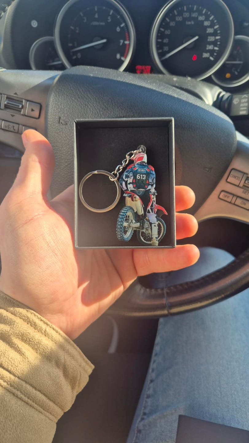 Customer photo review of Personalized Motocross Racer Acrylic Keychain