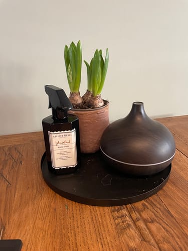 Recensent toont de Istanbul Room Spray als decoratie op een dienblad met planten.