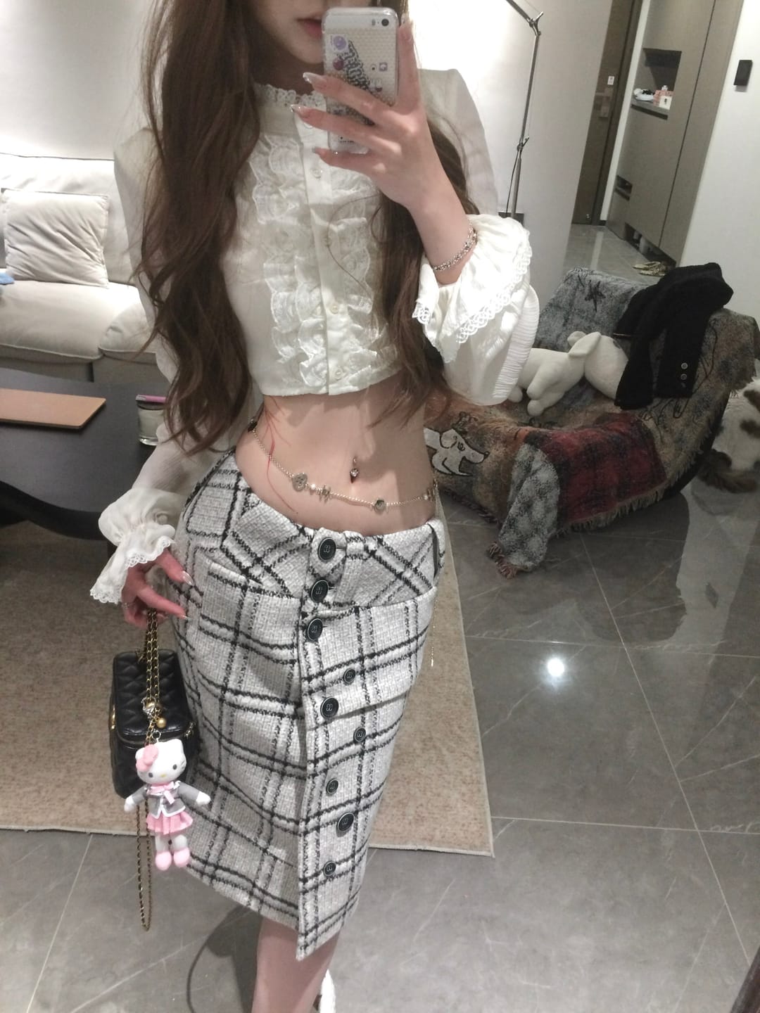 Customer photo review of Hydrae Lace Ruffle Cropped Blouse High Neck Sheer Long Sleeve Top