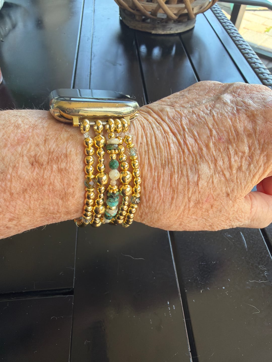 Customer photo review of Golden Oasis Stretch Apple Watch Strap
