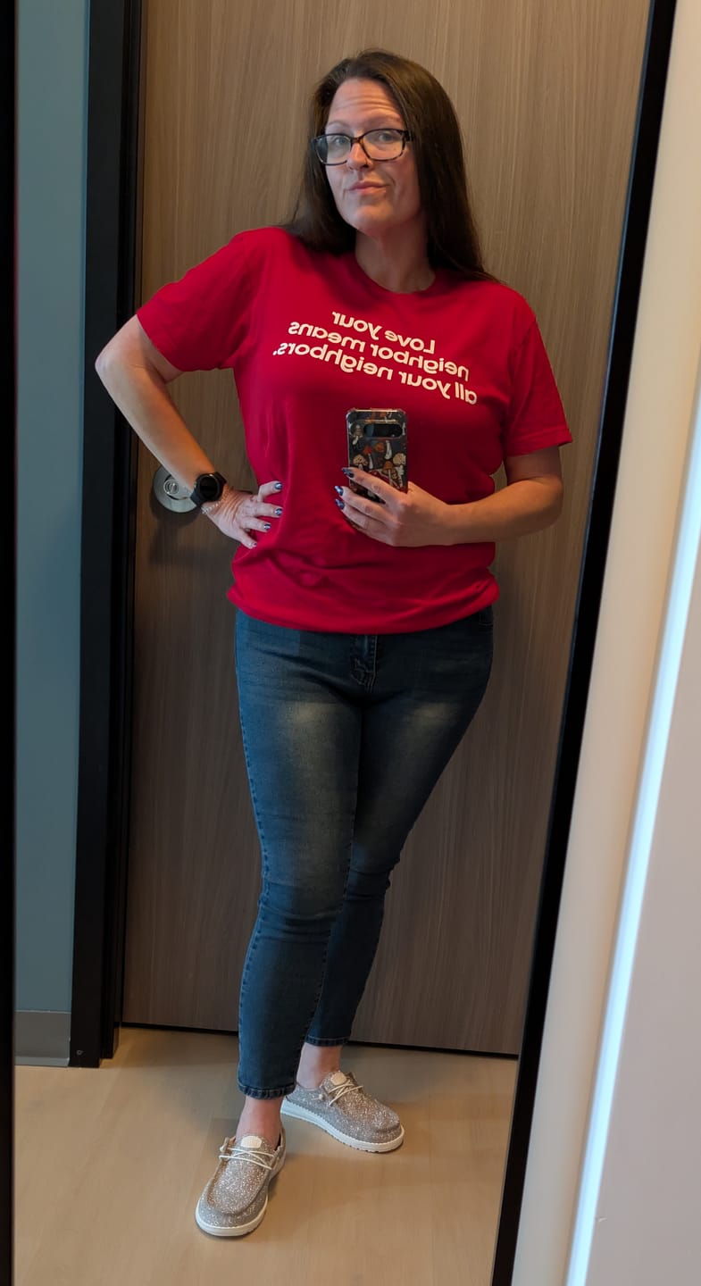 Customer photo review of Love Your Neighbor Means All Your Neighbors Unisex Tee