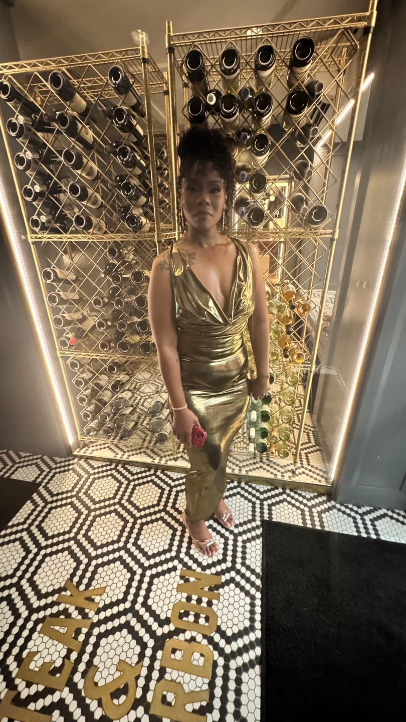 Customer photo review of Foil Fantasy Drape Maxi Dress