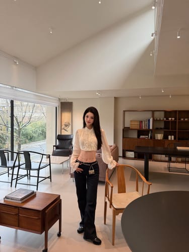 Customer photo review of Hydrae Lace Ruffle Cropped Blouse High Neck Sheer Long Sleeve Top