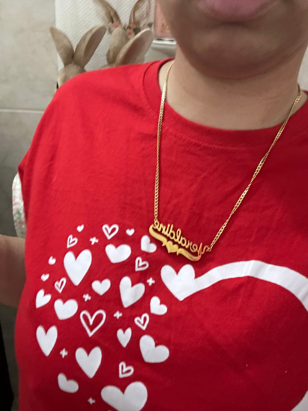 Customer photo review of Double Plated Heart Name Necklace w/ Cuban Chain