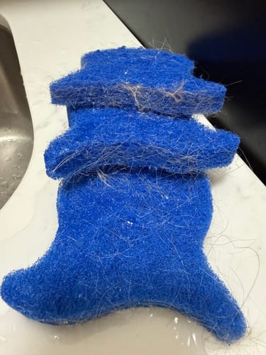 Close-up of a customer's blue Laundry Pet Hair Removal Fish covered with fine pet hair after use.