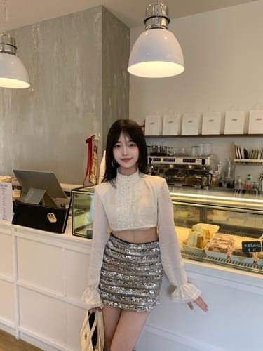 Customer photo review of Hydrae Lace Ruffle Cropped Blouse High Neck Sheer Long Sleeve Top