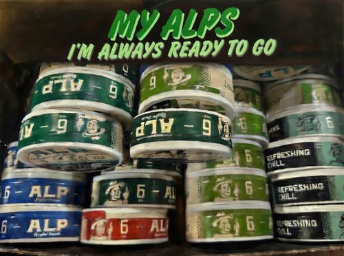 Customer's large collection of colorful ALP nicotine pouch tins stacked on a shelf.
