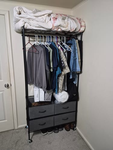 Customer photo review of Raybee Portable Closet Organizer with 4 Drawers, Freestanding/Rolling Metal Clothes Rack