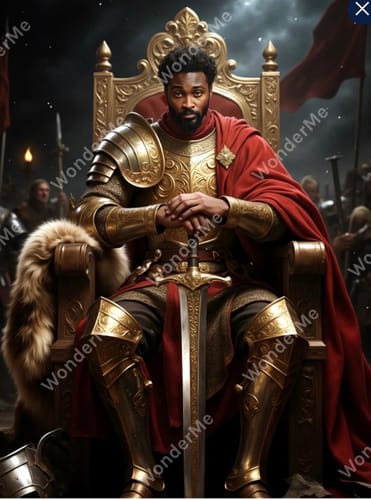 Customer's The Royal Ruler portrait showing a man as a king in gold armor, sitting on a golden throne and holding a sword.