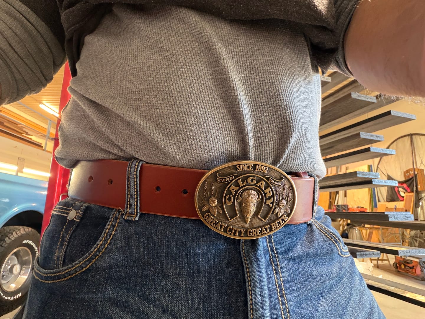 Customer photo review of The Man Belt – 1¾″ Heavy-Duty Leather Work Belt (Chestnut)