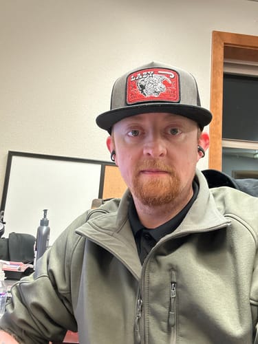 Customer photo review of Lazy J Ranch Charcoal Grey & Black Red Cowpoke Classic Five Panel Trucker Hat