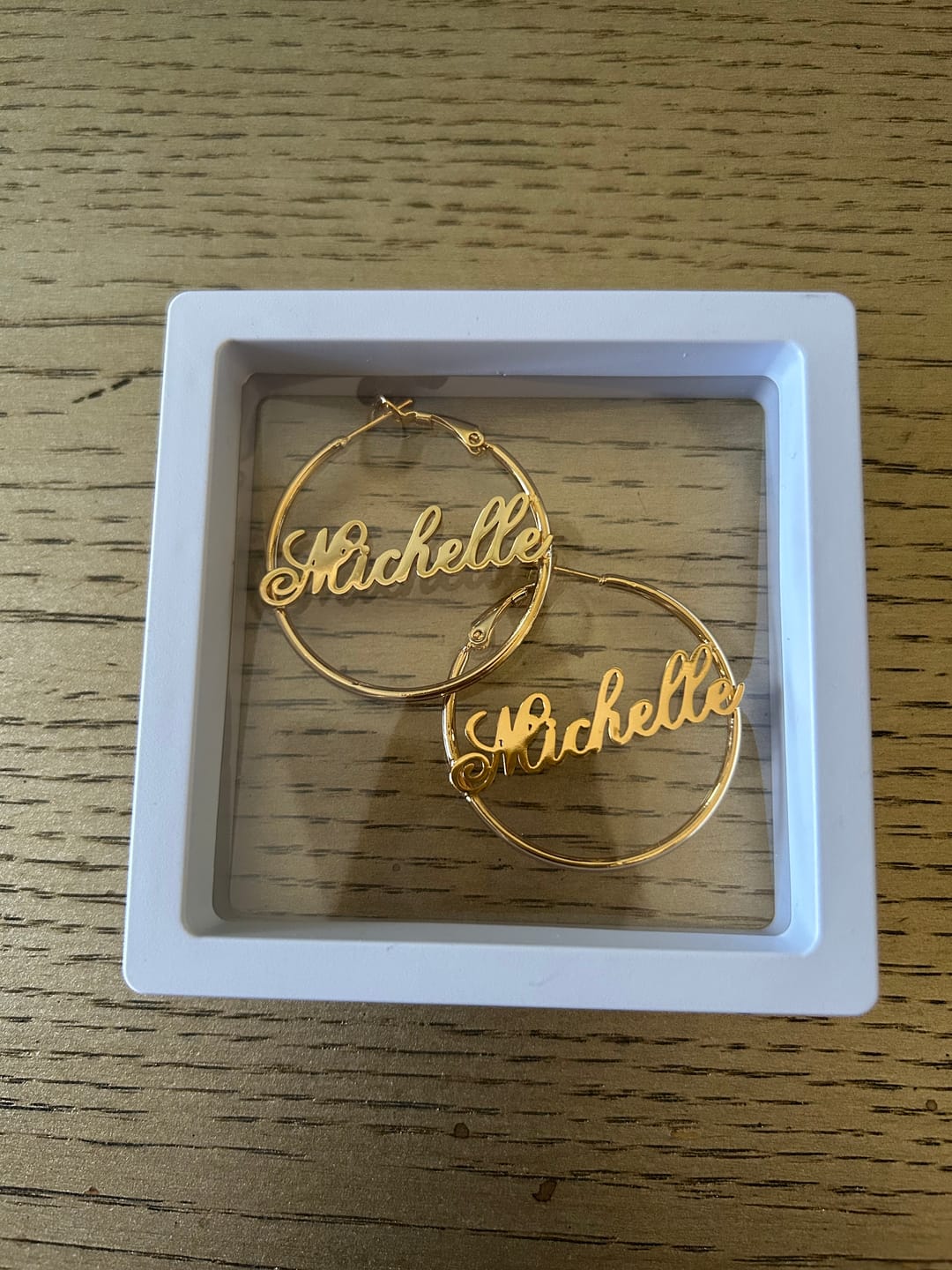 Customer photo review of Script Name Hoop Earrings