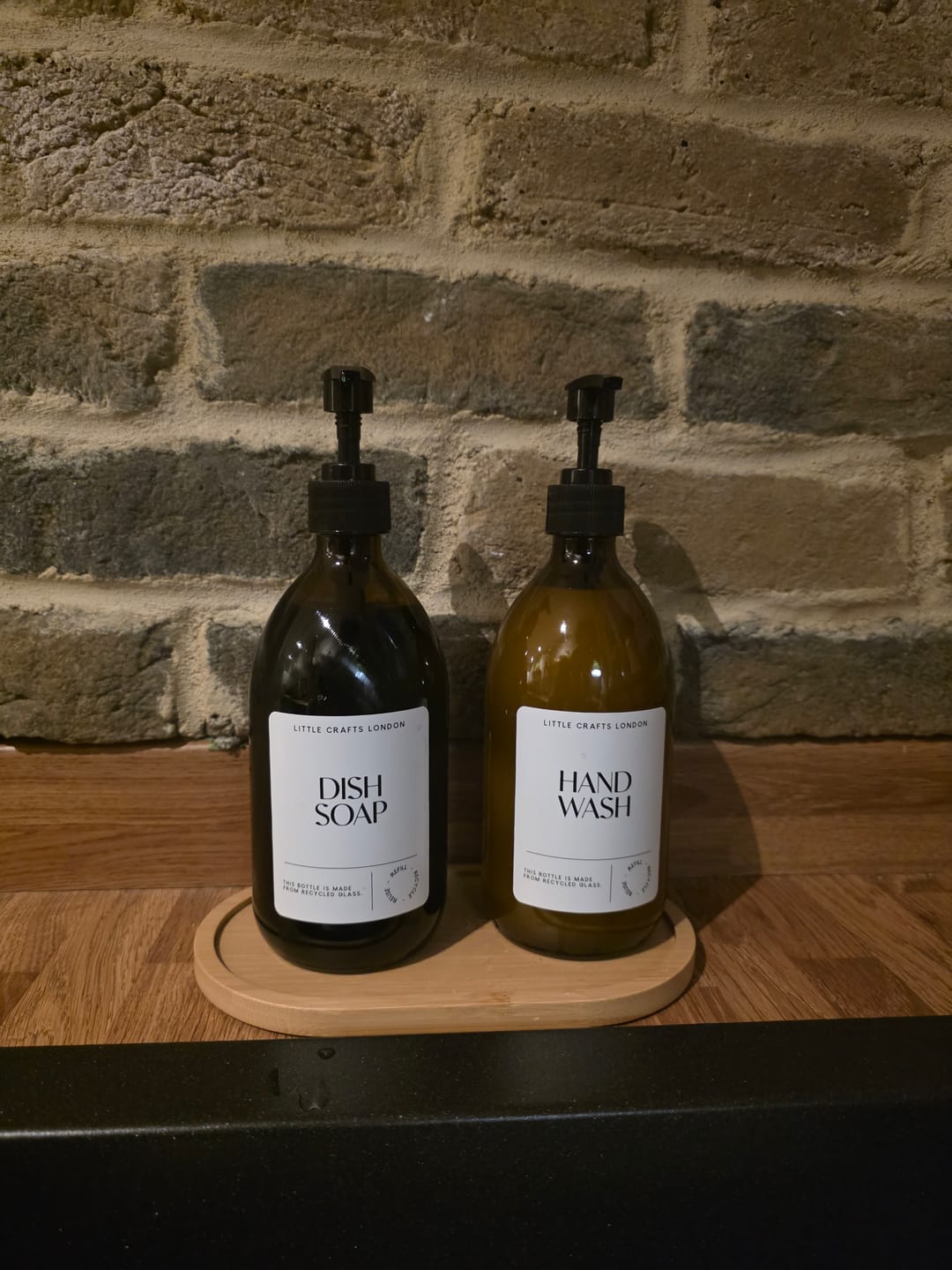 Customer photo review of Set of 2 Amber Glass Bottles (Black Plastic Pump) & Bamboo Tray