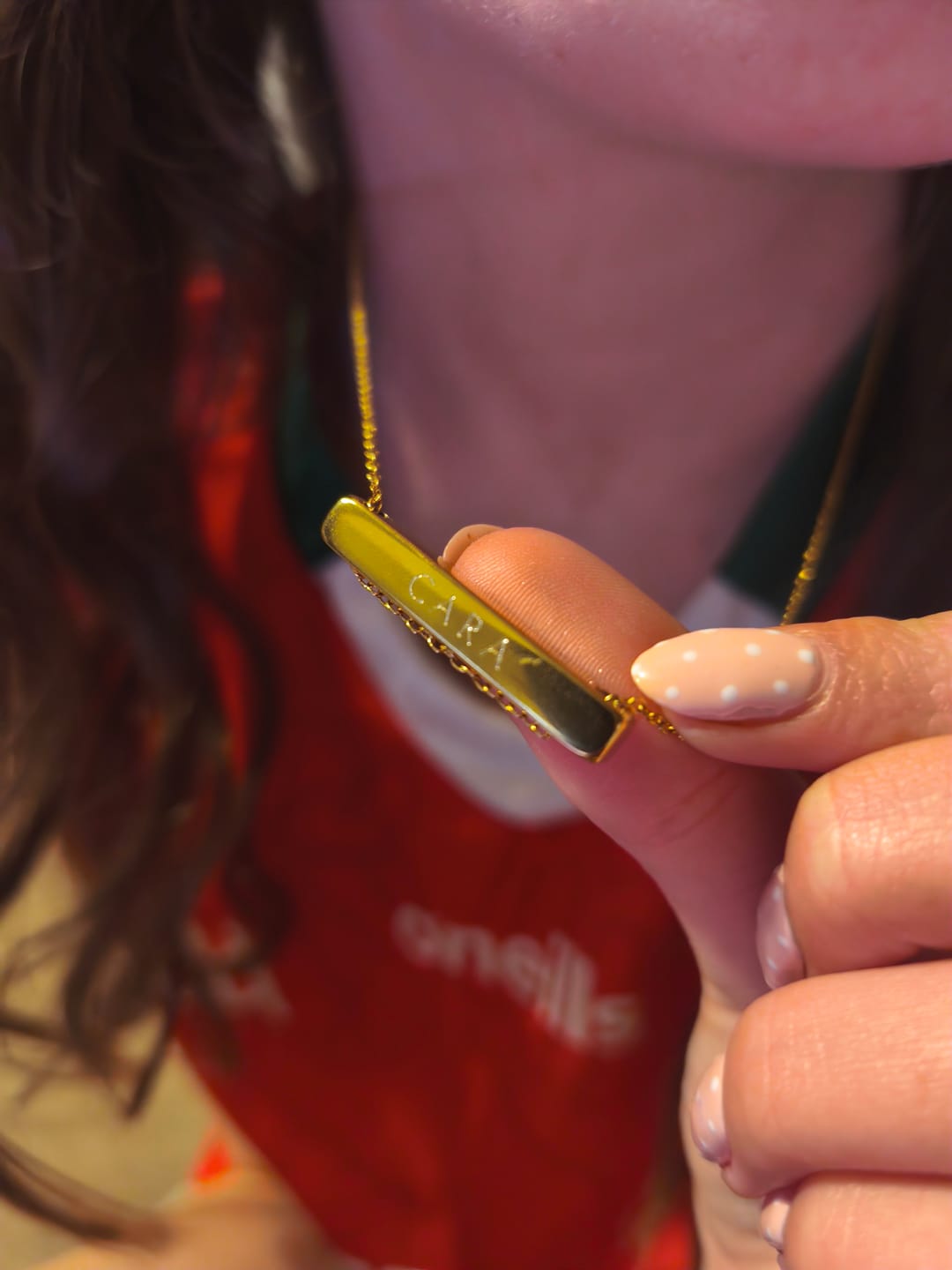 Customer photo review of 3cm Letter Bar Necklace in Gold Horizontal