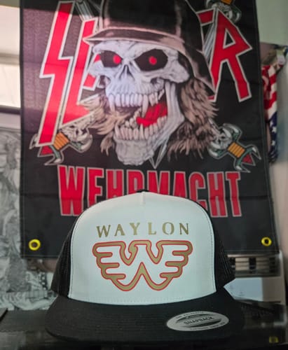 Customer photo review of Waylon Jennings Distressed Flying W Trucker Hat - White