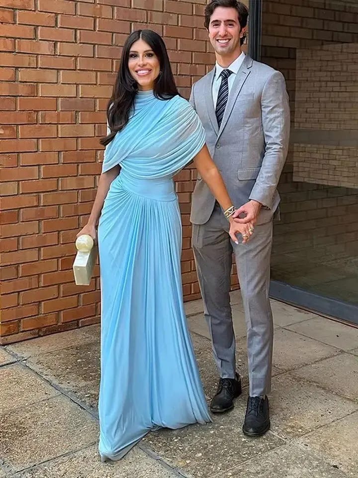 Customer photo review of Caprice Shawl Collar Ruffle Maxi Dress