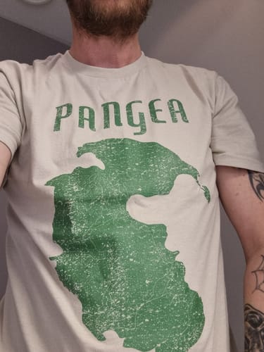 Reviewer wearing the light-colored Pangea T-shirt with its green distressed map graphic.
