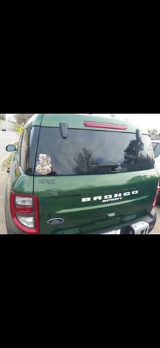 Customer's custom 'Bronco Bob' sticker applied to the rear window of a green Ford Bronco Sport.